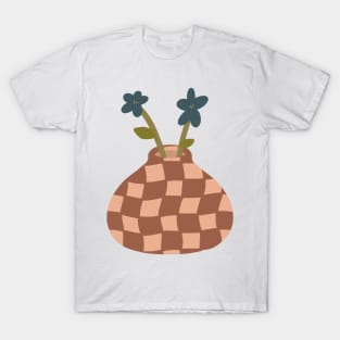 large terracotta checkerboard vase with a pair of blue flowers T-Shirt